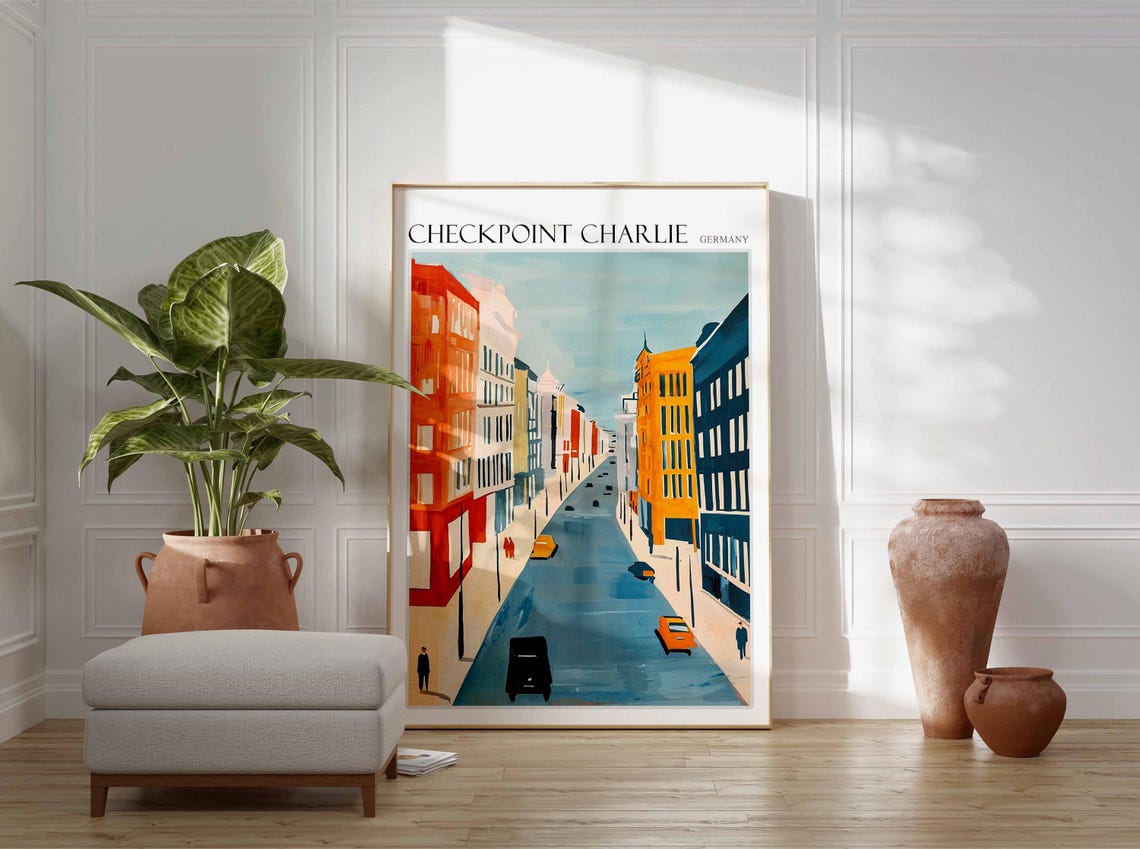 Checkpoint Charlie Berlin Orange and Blue Street Oil Painting Poster - Image 2