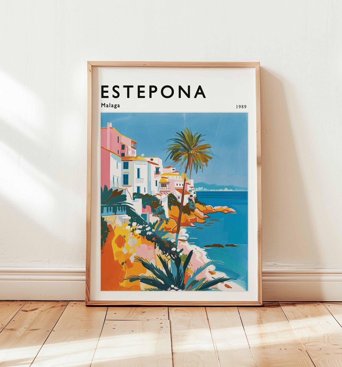 Estepona Malaga 1989 Coastal Cliff Houses Palm Sea Travel Poster