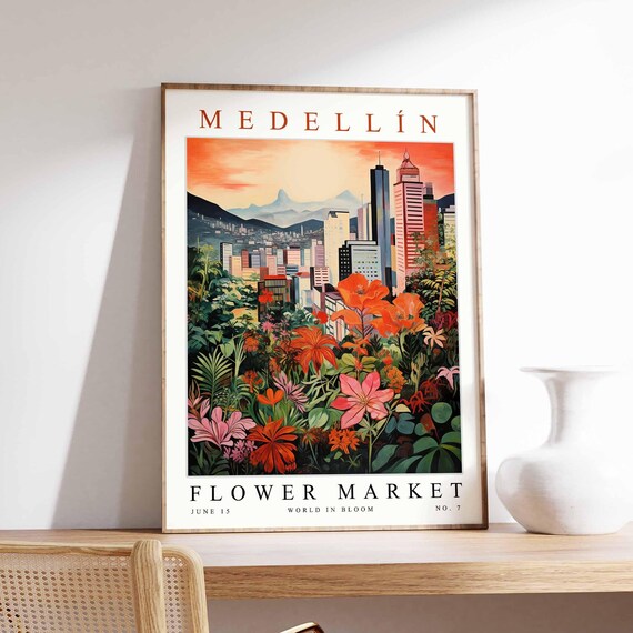 Medellín Flower Market No 7 Sunset Skyline Red Lily Garden Poster