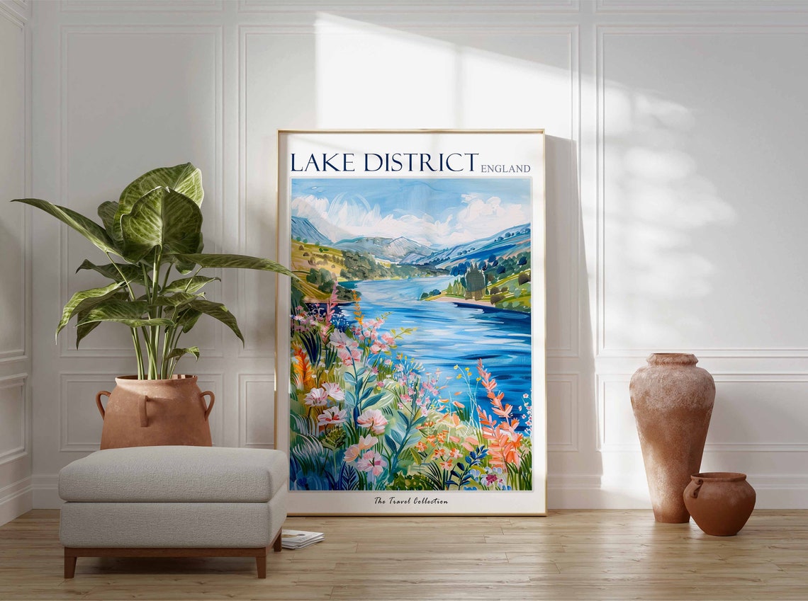 Lake District England Mountain Lake Wildflower Meadow Painting Poster - Image 2