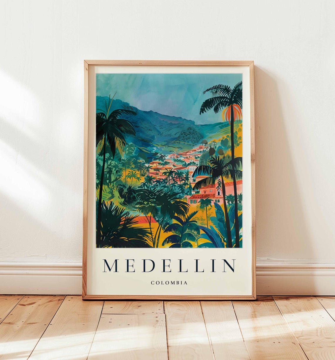 Medellin Colombia Green Mountains and Tall Palms Travel Poster