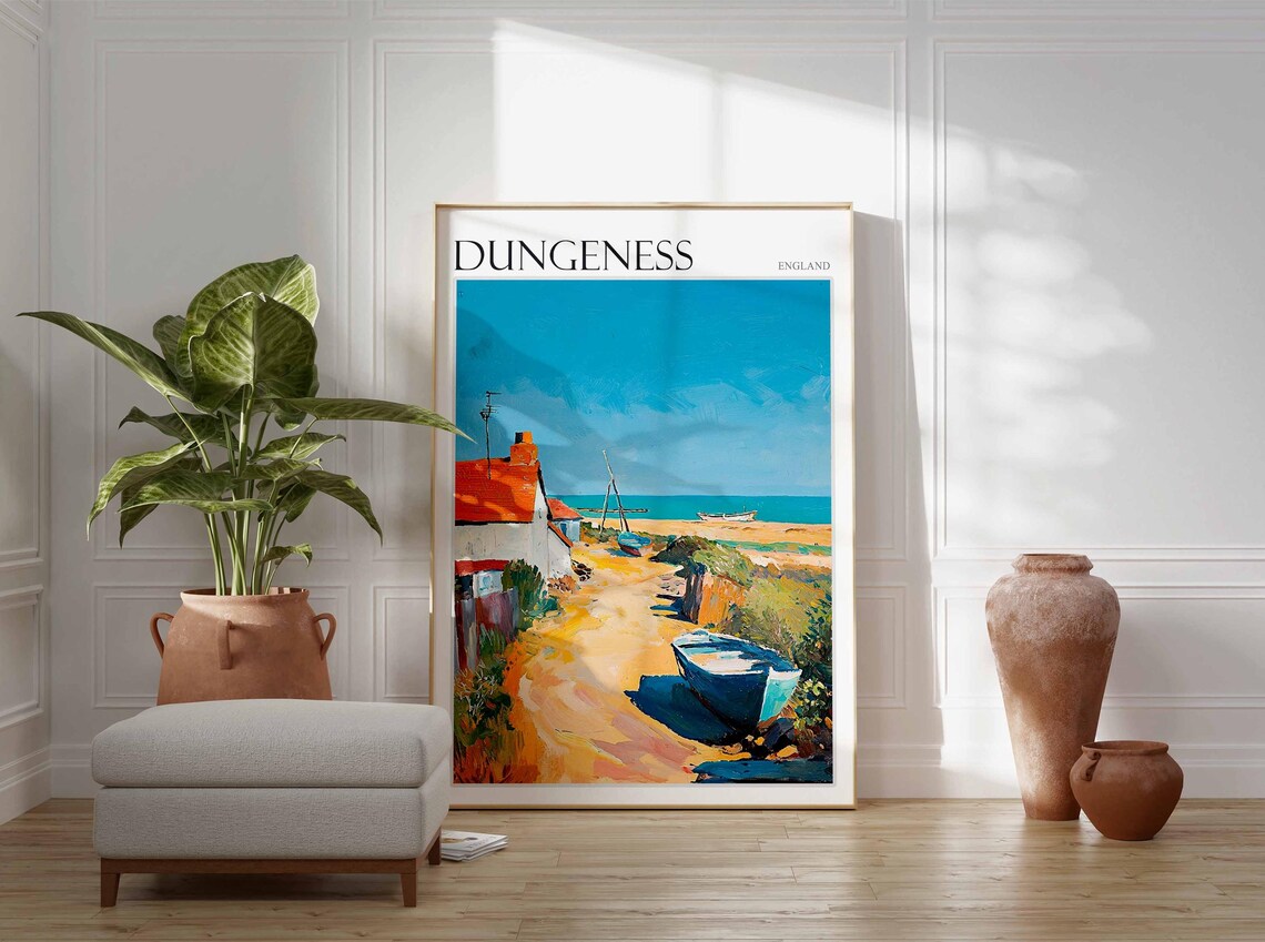 Dungeness England Cottage and Fishing Boats Beach Scene Poster - Image 3