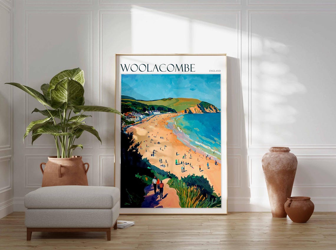 Woolacombe England Cliff Path Walkers Sandy Beach Travel Poster - Image 2
