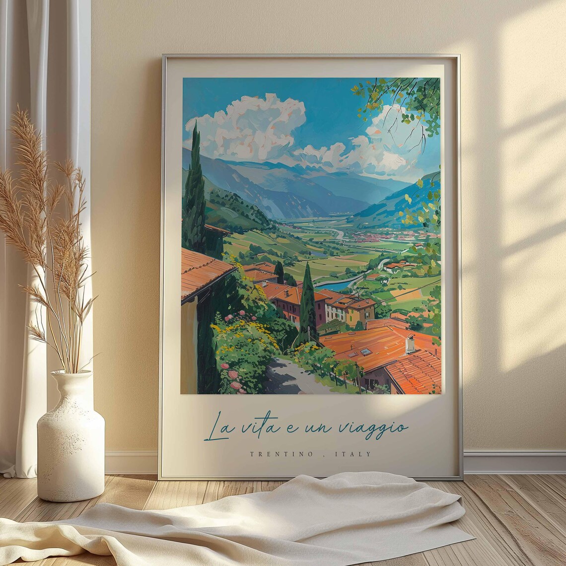 Trentino Italy Valley View Painting Terracotta Roofs River Poster - Image 2
