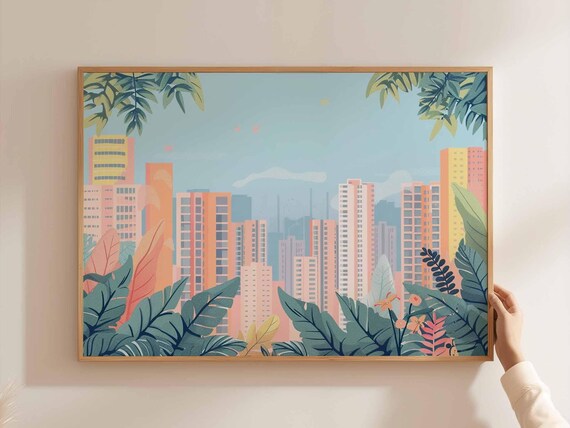 Caracas Skyline Tropical Palm Leaves Pastel Cityscape Art Poster