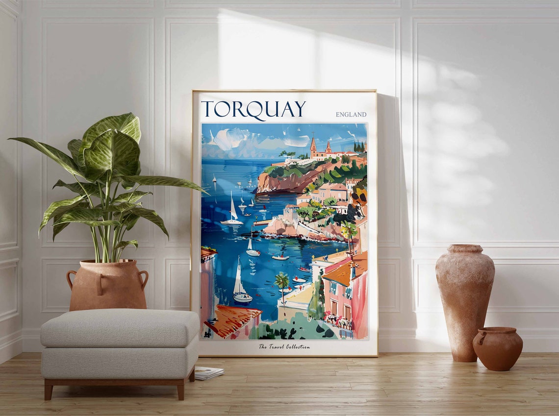 Torquay England Coastal Sailing Bay Cliff Church Scene Poster - Image 3
