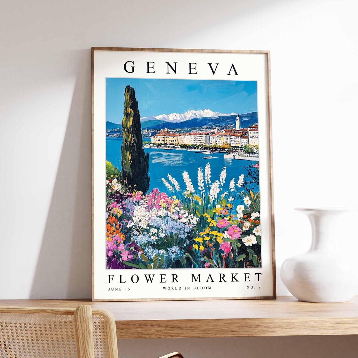 Geneva Flower Market Cypress Mont Blanc Lake Blooms Art Poster