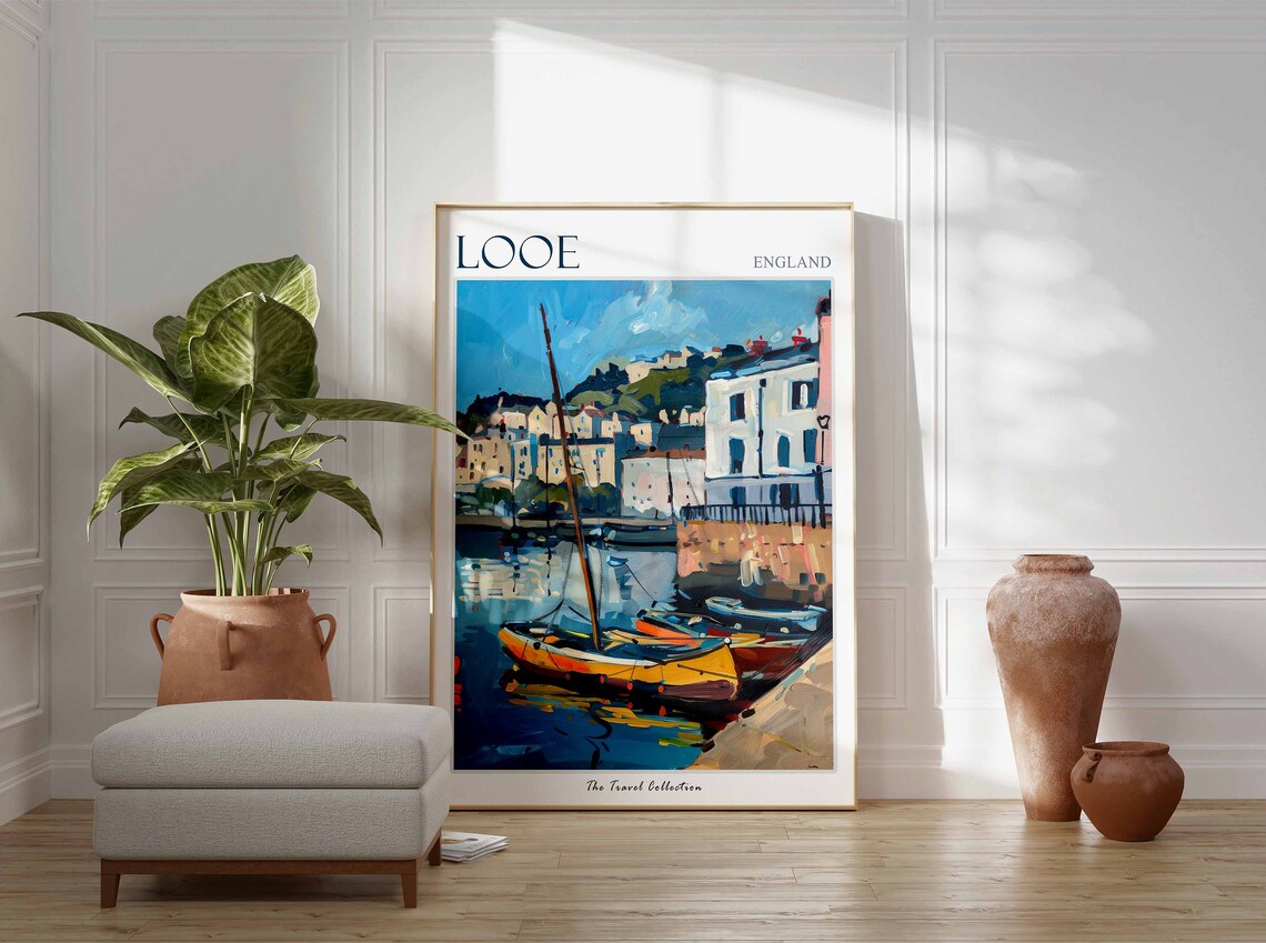Looe England Travel Poster Cornish Fishing Boats And Old Harbor - Image 2