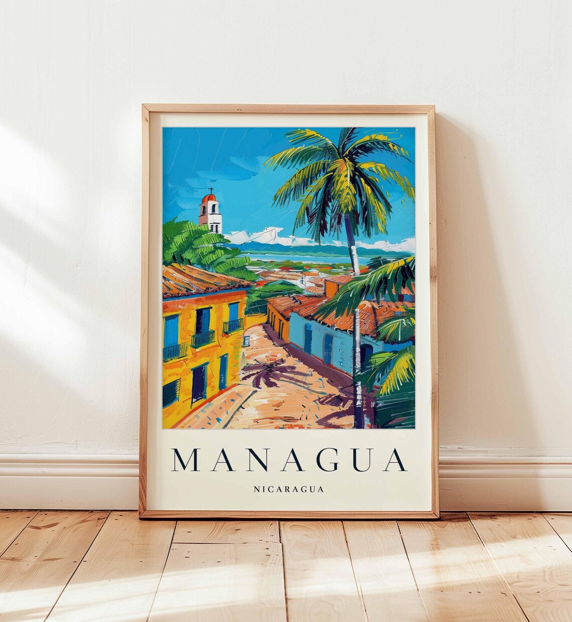 Managua Nicaragua Colonial Street Palms Church Art Travel Poster