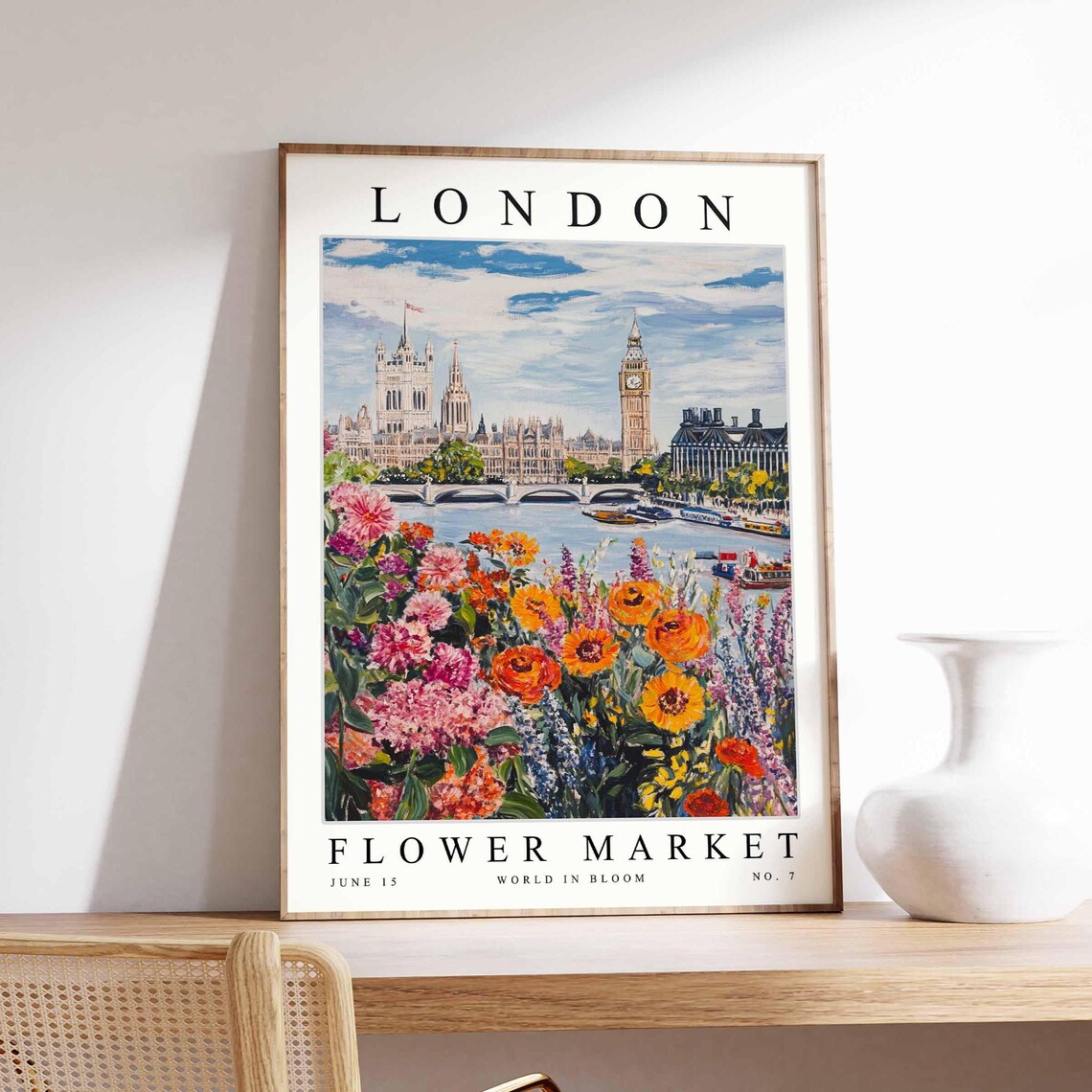 London Westminster Flower Market Thames Bloom Colourful Art Poster