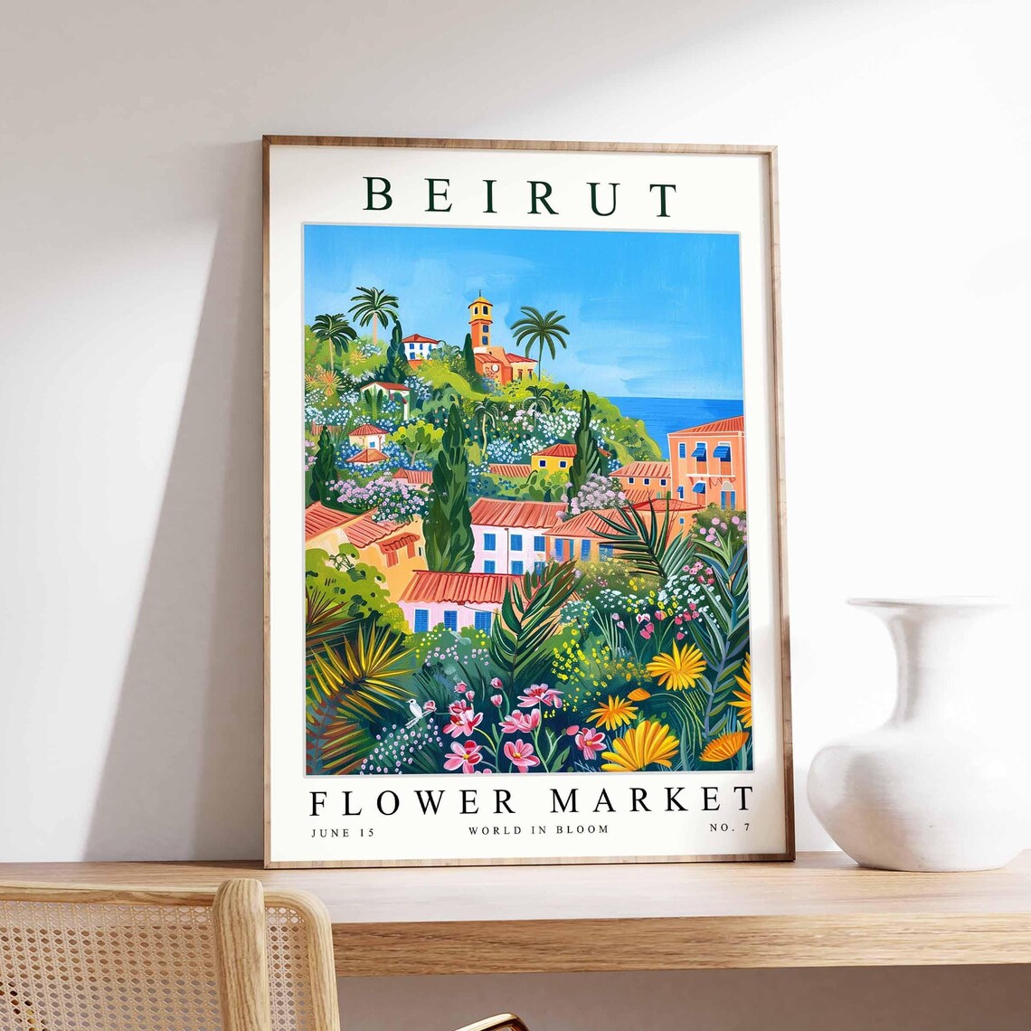 Beirut Flower Market Hilltop Village Church Tower Illustration Poster