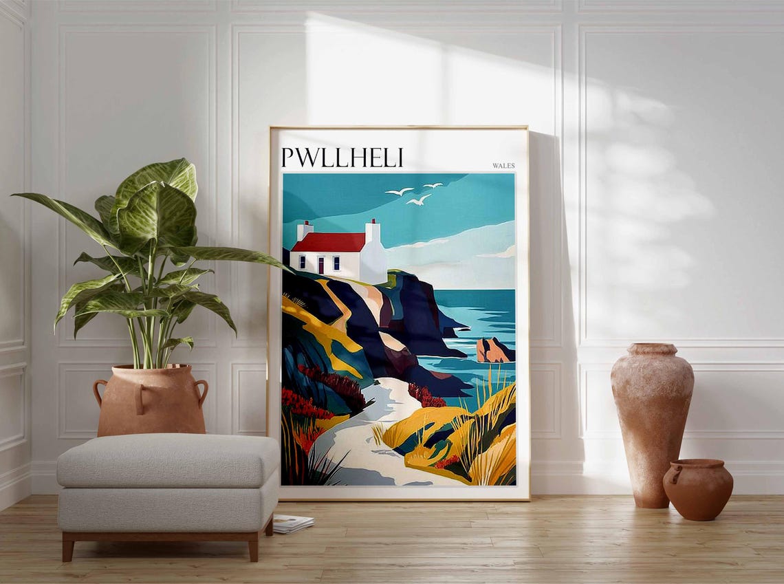 Pwllheli Wales White Cottage Red Roof Cliff Edge Seagulls Sea Poster - Image 4