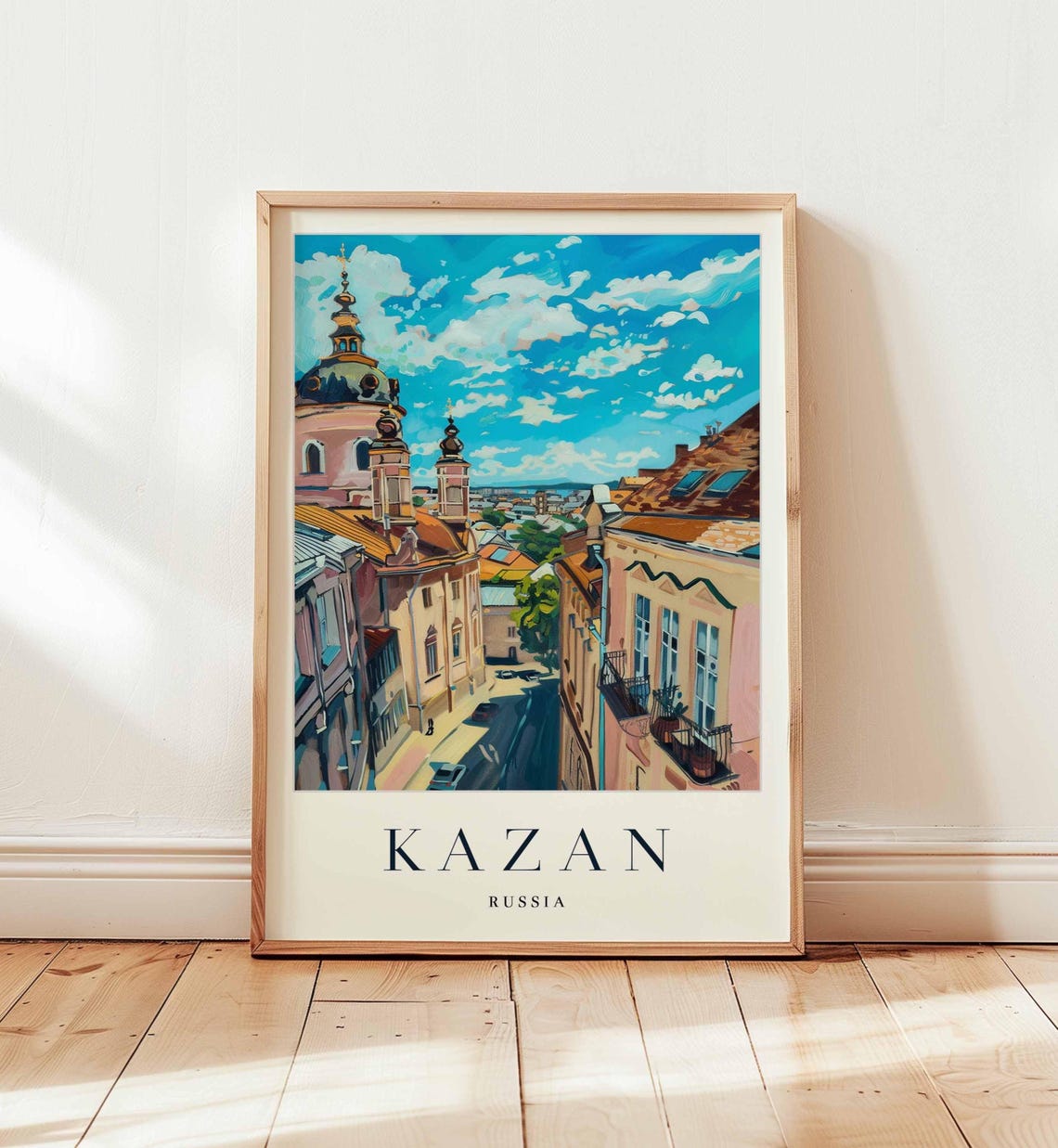 Kazan Russia Sunlit Old Town Onion Domes Painterly Travel Poster