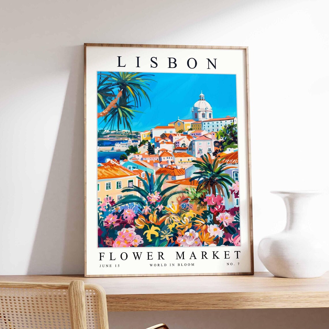 Lisbon Flower Market Portugal White Church Dome Palm Bloom Poster