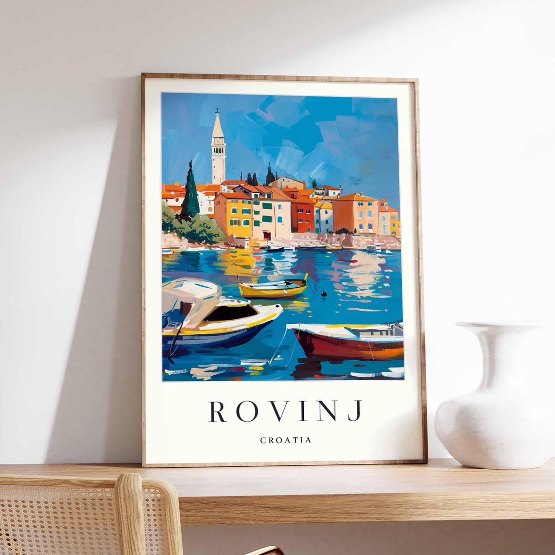 Rovinj Croatia Boats on Blue Water Below the Old Town Poster