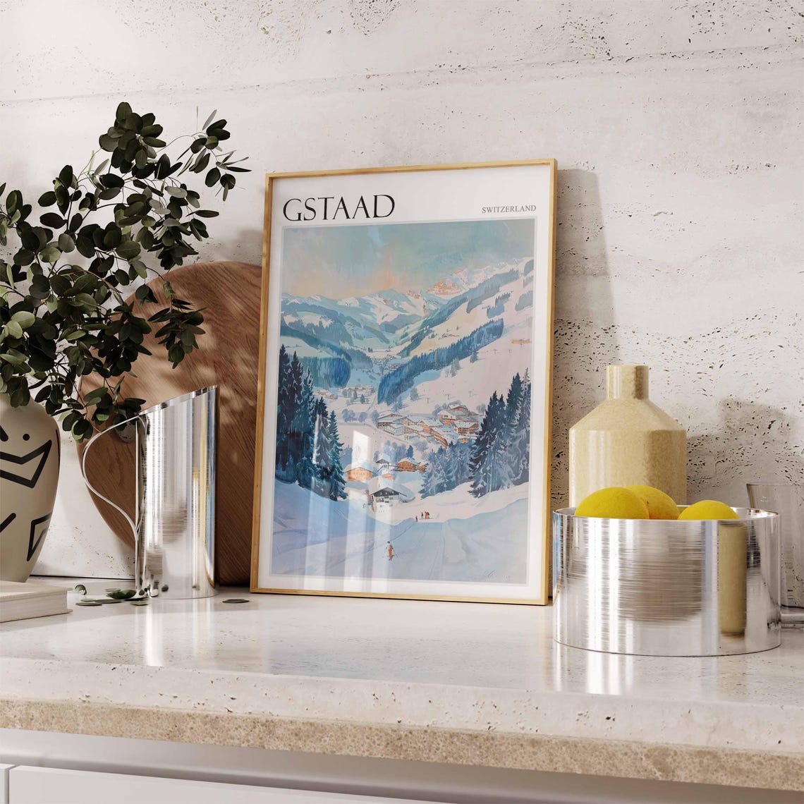 Gstaad Switzerland Lone Skier Pine Slope Winter Scene Poster - Image 2