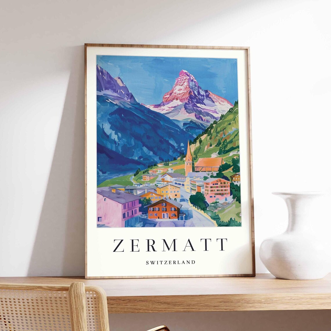 Zermatt Switzerland Matterhorn Village Church Watercolor Art Poster