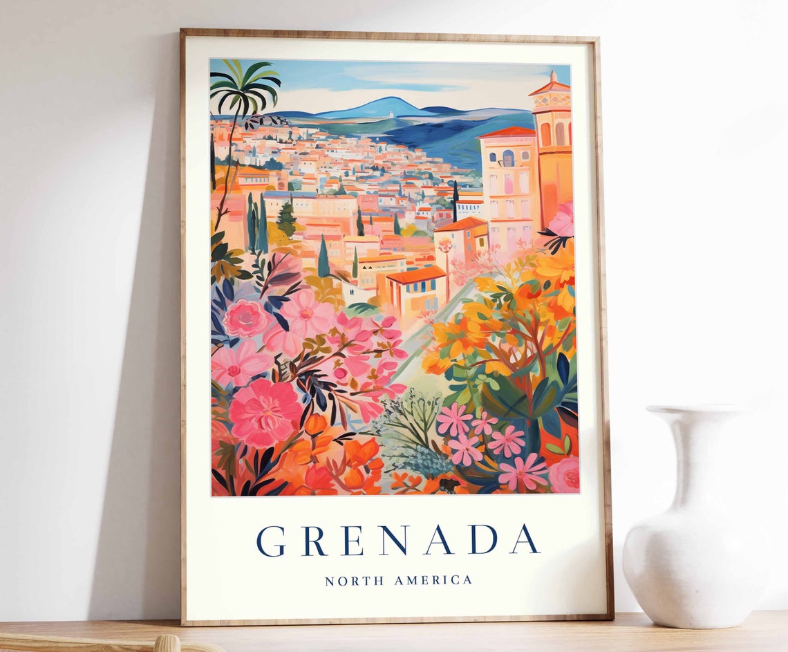Grenada North America Colorful Hillside Town Flower Art Poster