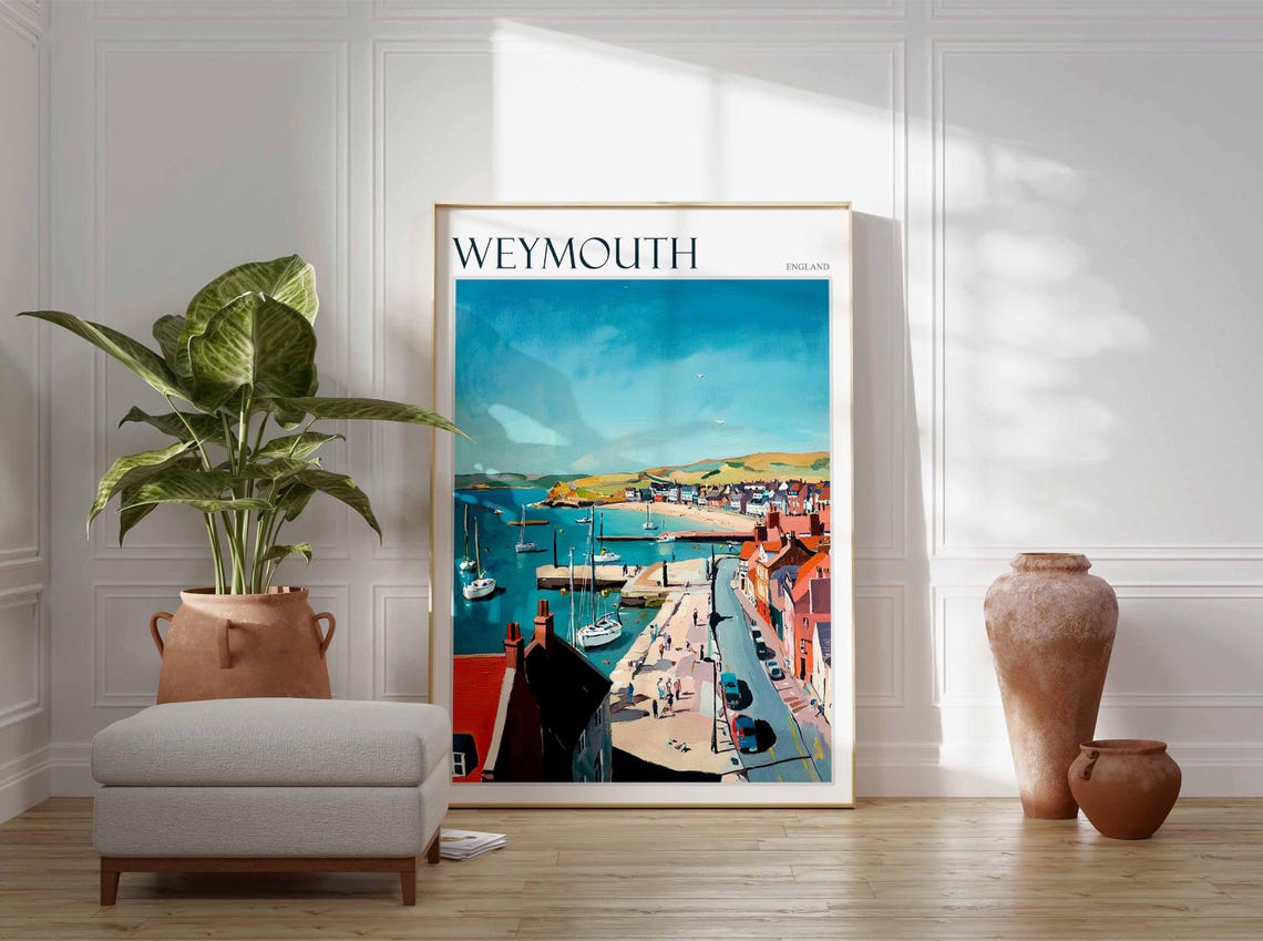 Weymouth England Harbour Aerial View Moored Yachts Travel Poster - Image 2