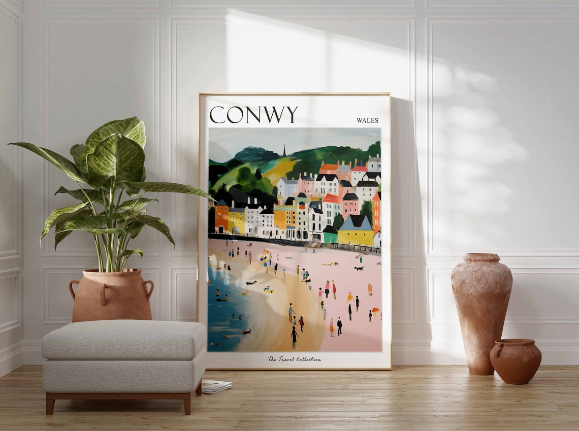 Conwy Wales Pastel Beach Town Green Hills Summer Painting Poster - Image 2