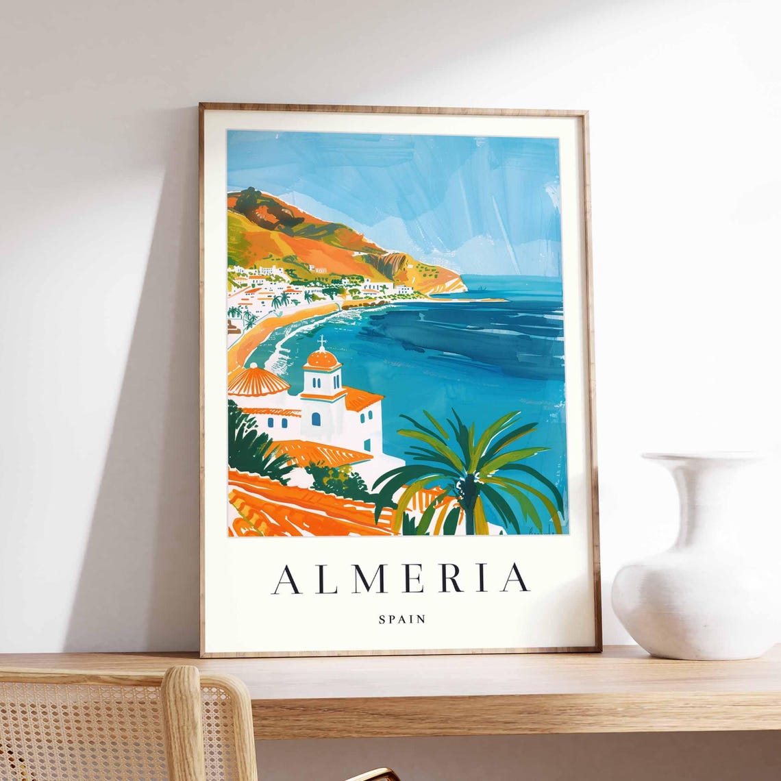 Almeria Spain White Church Bay Palm Tree Coastal Travel Poster