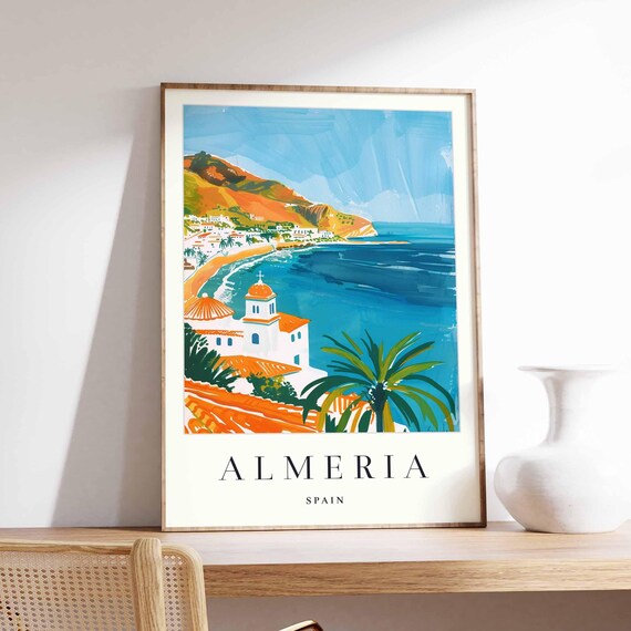 Almeria Spain White Church Bay Palm Tree Coastal Travel Poster