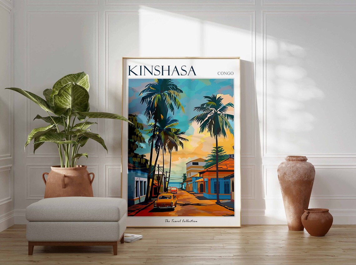 Kinshasa Congo Palm Lined Street Vintage Car Sunset Travel Poster - Image 3