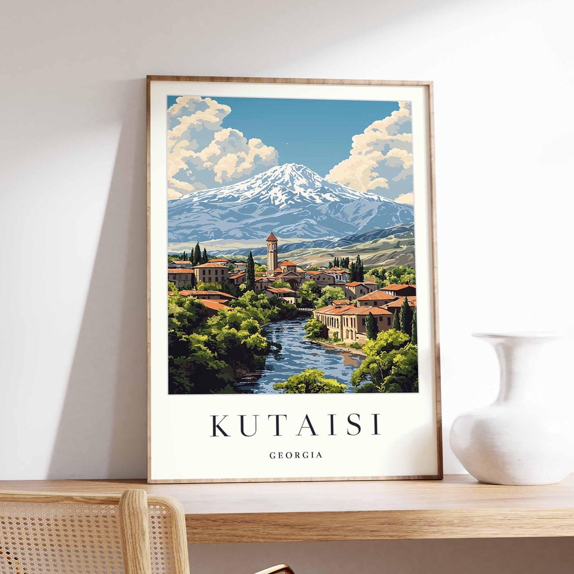 Kutaisi Georgia Town River Snow Capped Mountain Scenic Poster