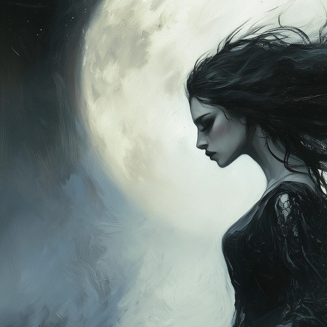 Nyx Goddess Of The Night Full Moon Dark Fantasy Oil Art Print - Image 7