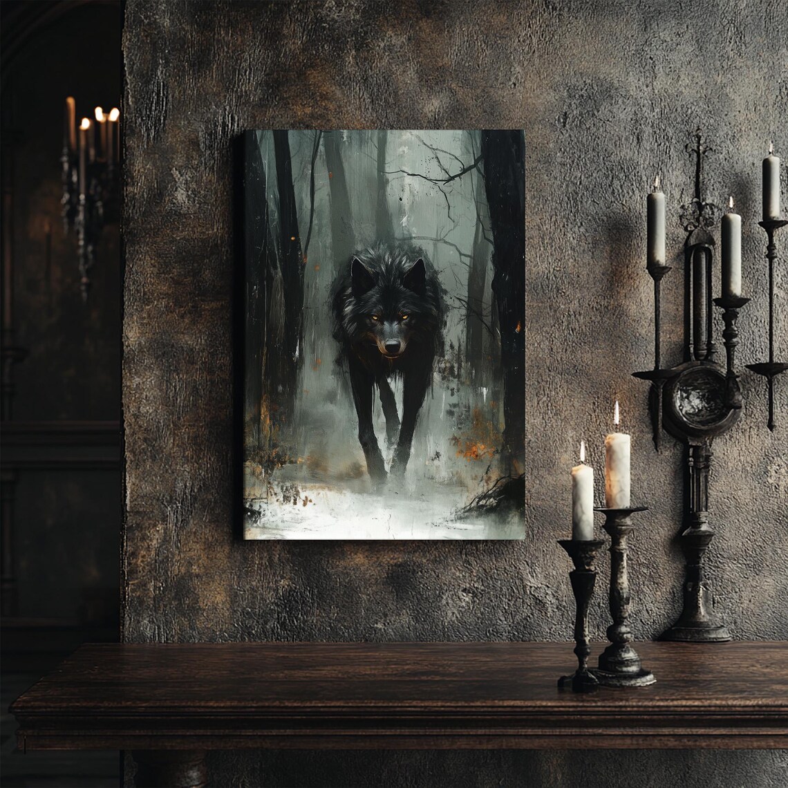 Black Wolf in Misty Forest, Oil Painting Art Print - Image 5