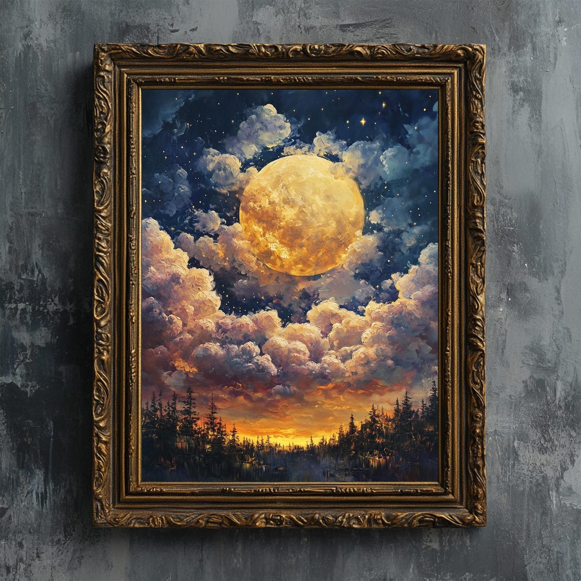 Misty Golden Full Moon Among Clouds Starry Night Forest Art Print