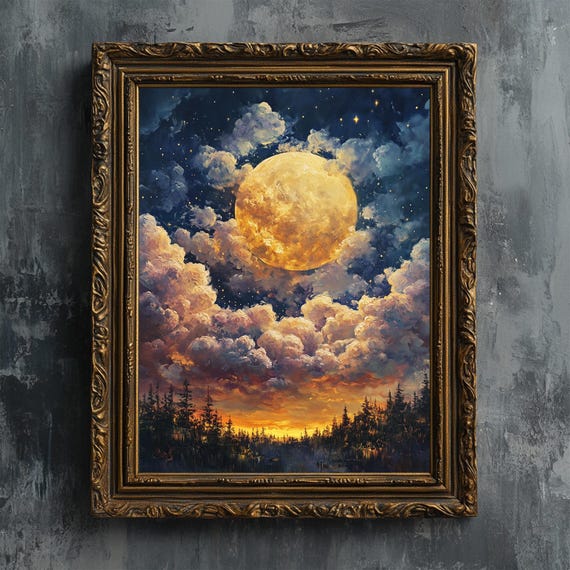 Misty Moon Fine Art Print Mystical Landscape Stars Night Sky Clouds Forest Celestial Wicca Sunset Oil Painting Wall Art Poster