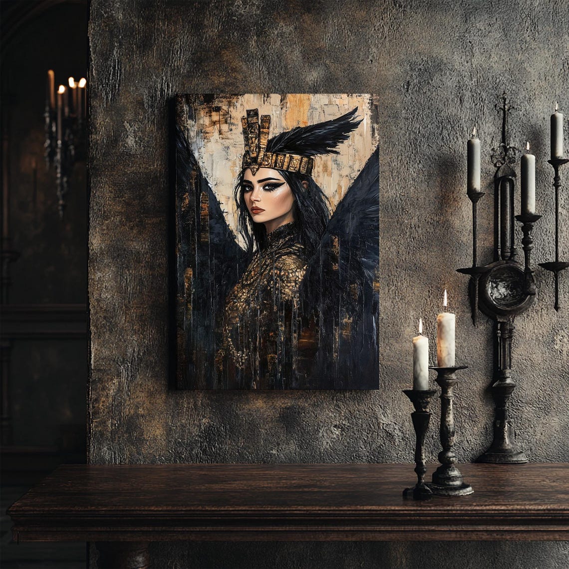 Beautiful Maat Egyptian Goddess Portrait Black Wings Gold Art Print - Image 5