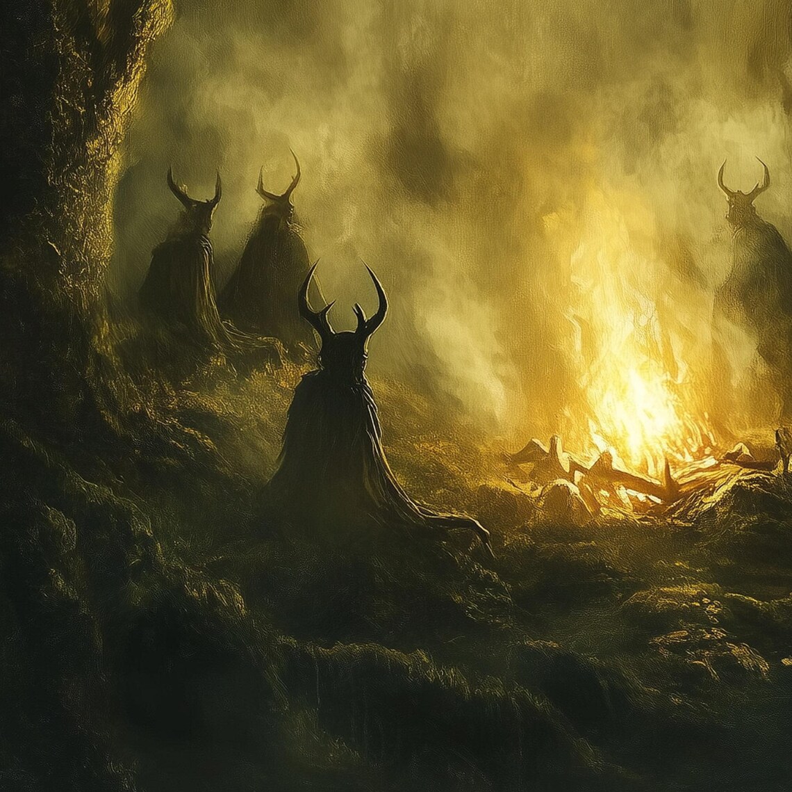 Creepy Forest Witches Ritual Fire Art Print, Vintage - Image 7
