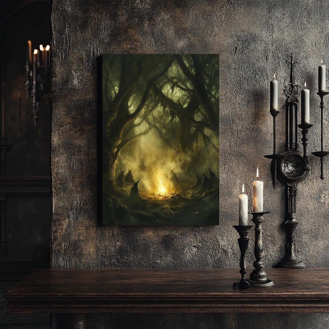 Creepy Forest Witches Ritual Fire Art Print, Vintage - Image 3