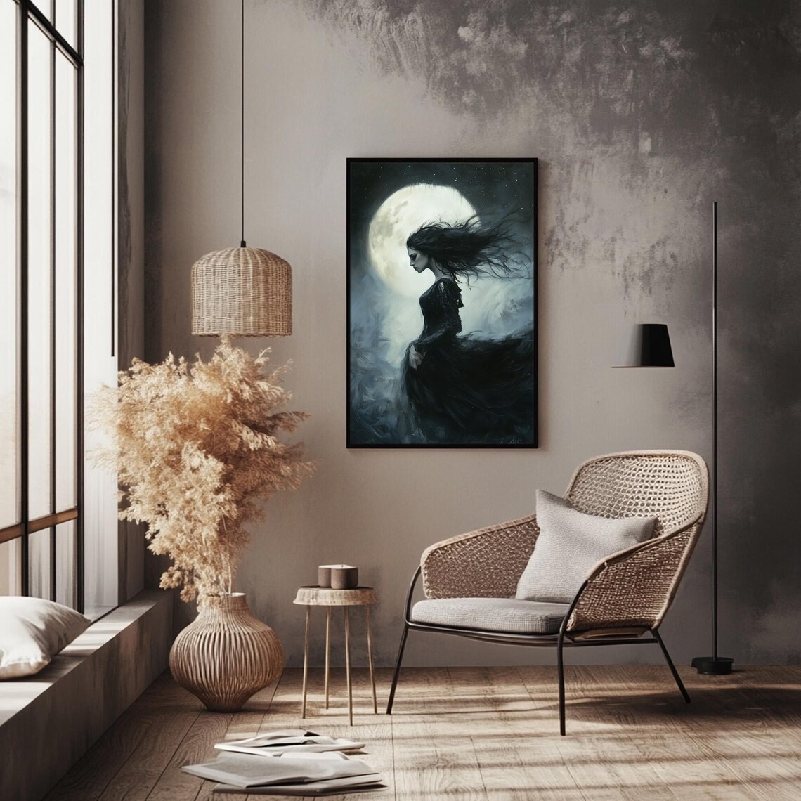 Nyx Goddess Of The Night Full Moon Dark Fantasy Oil Art Print - Image 2