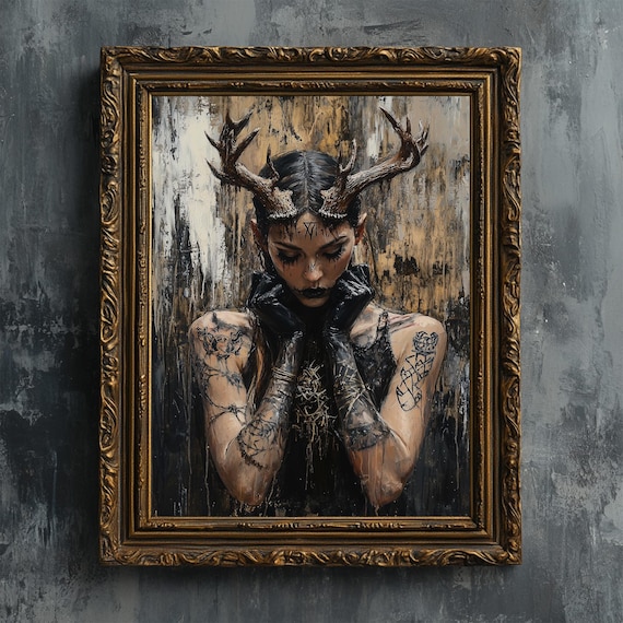 Horned Witch Fine Art Print Creepy Occult Tattooed Goth Girl Oil Painting