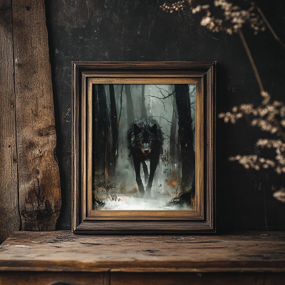 Black Wolf in Misty Forest, Oil Painting Art Print - Image 6