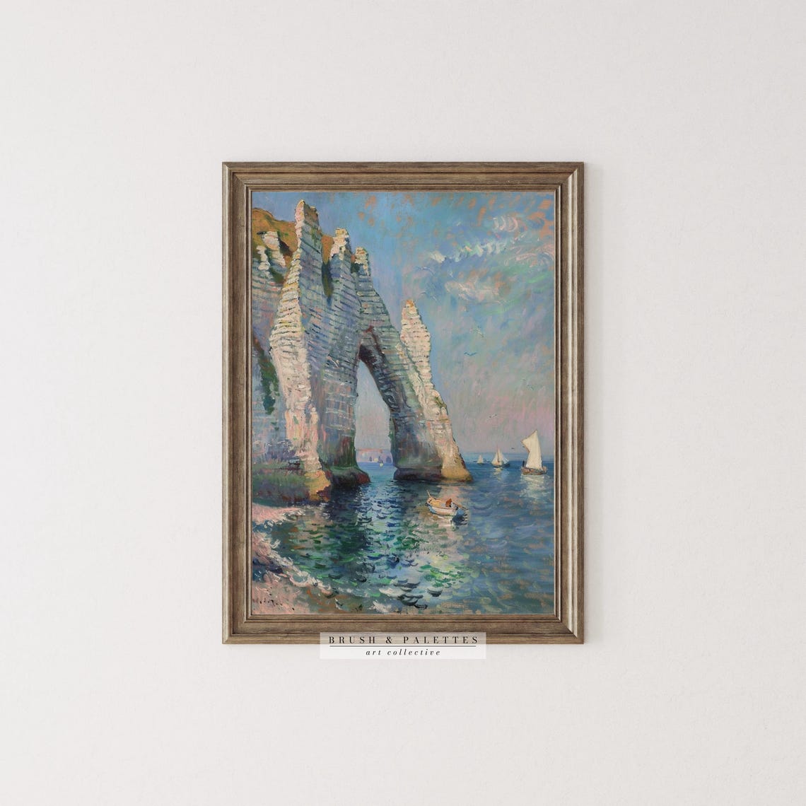 Coastal Rock Arch Chalk Cliffs Sailboats Impressionist Poster - Image 2
