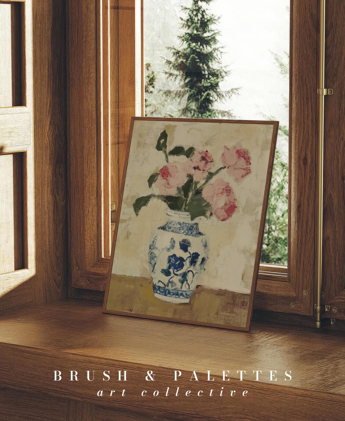 Pink Roses In Blue White Porcelain Vase Impressionist Art Print - Image 2