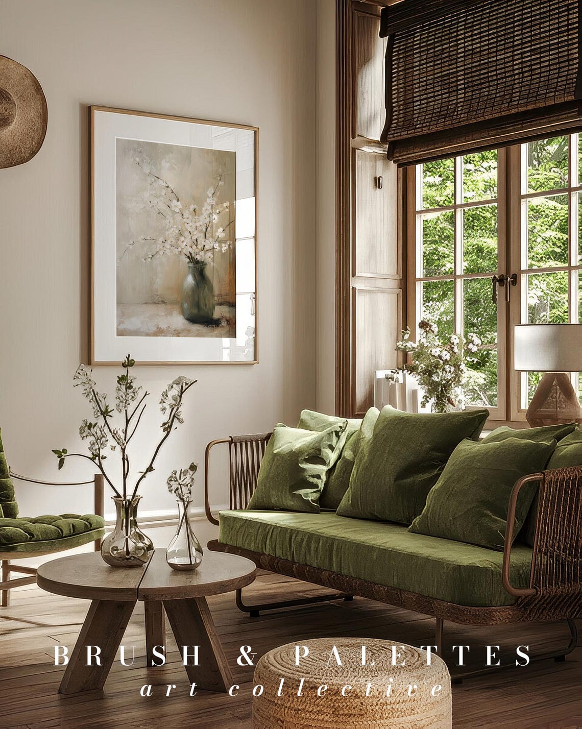 White Blossom Stems in Green Glass Vase Neutral Still Life Poster - Image 2