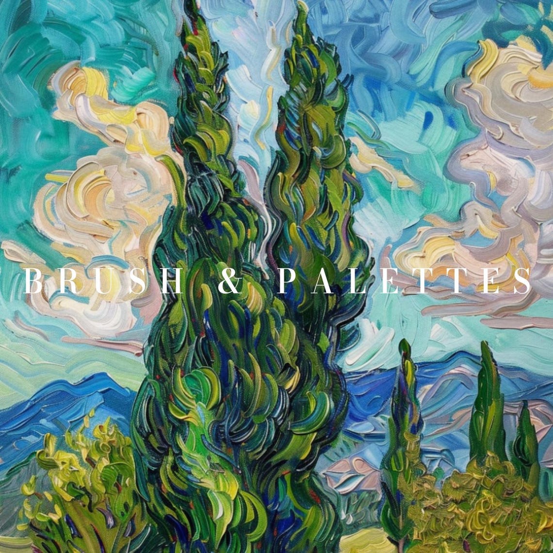 Cypress Trees Impasto Landscape Blue Sky Mountain View Poster - Image 3