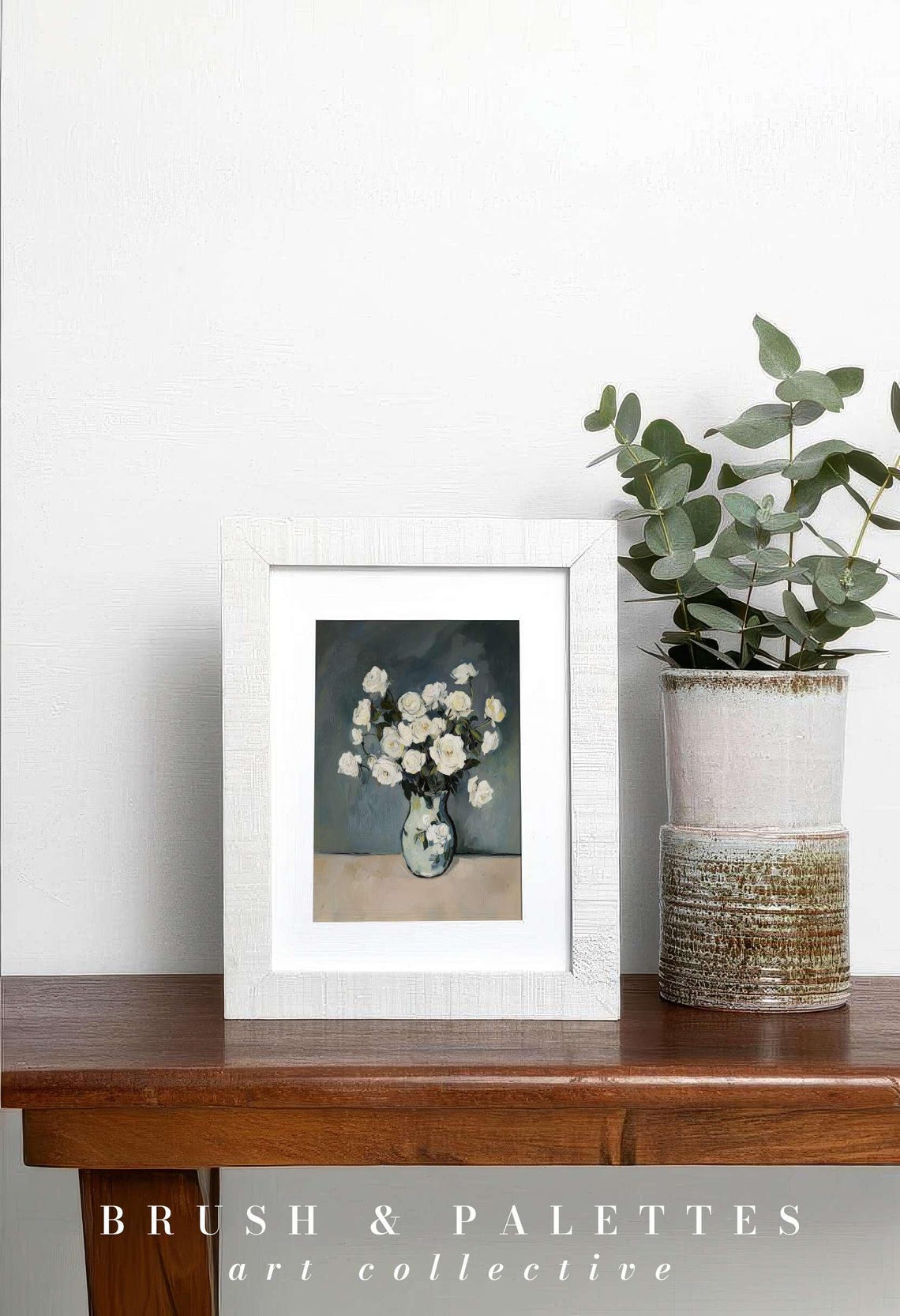 White Roses in Vase Oil Painting Classic Floral Still Life Poster - Image 2