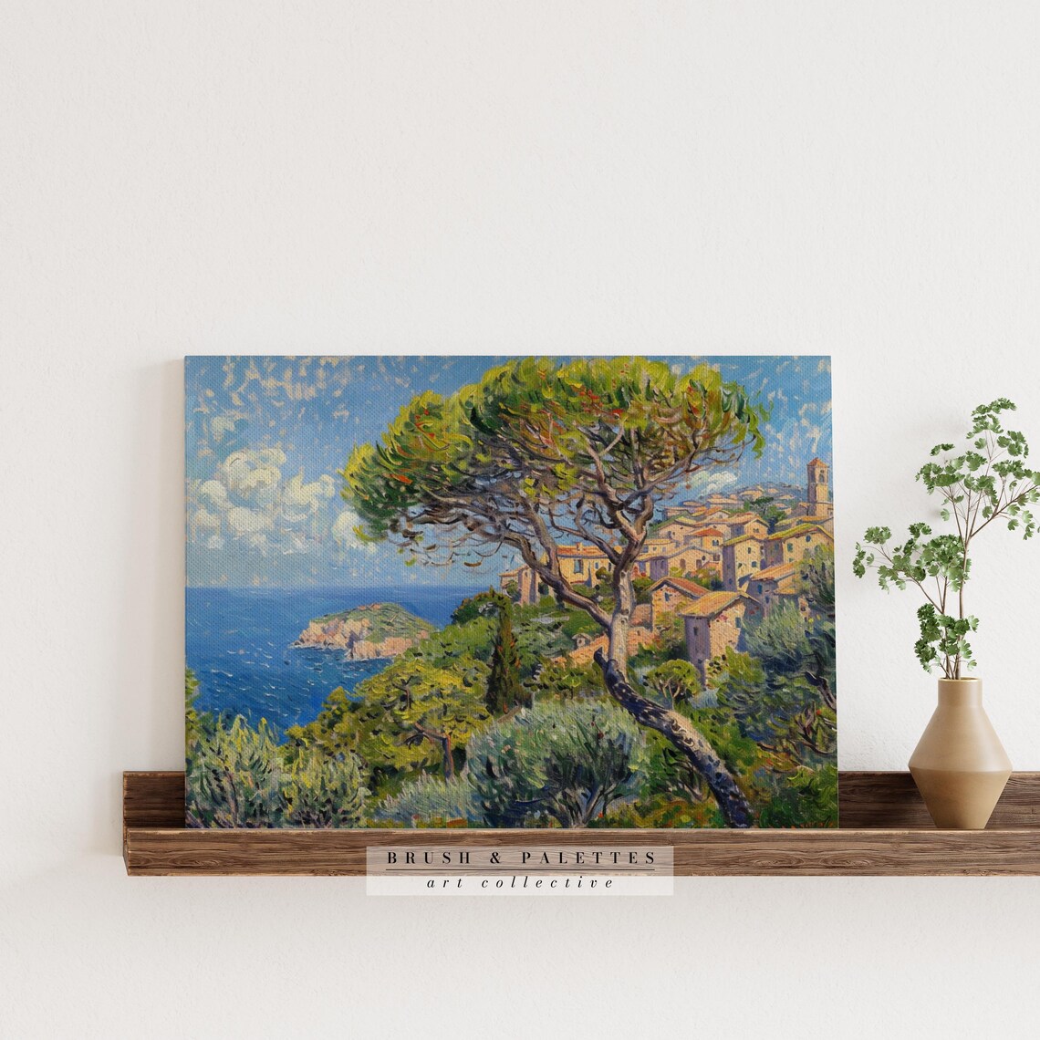 Mediterranean Village On Coastal Hill Impressionist Blue Sea Painting Poster - Image 2
