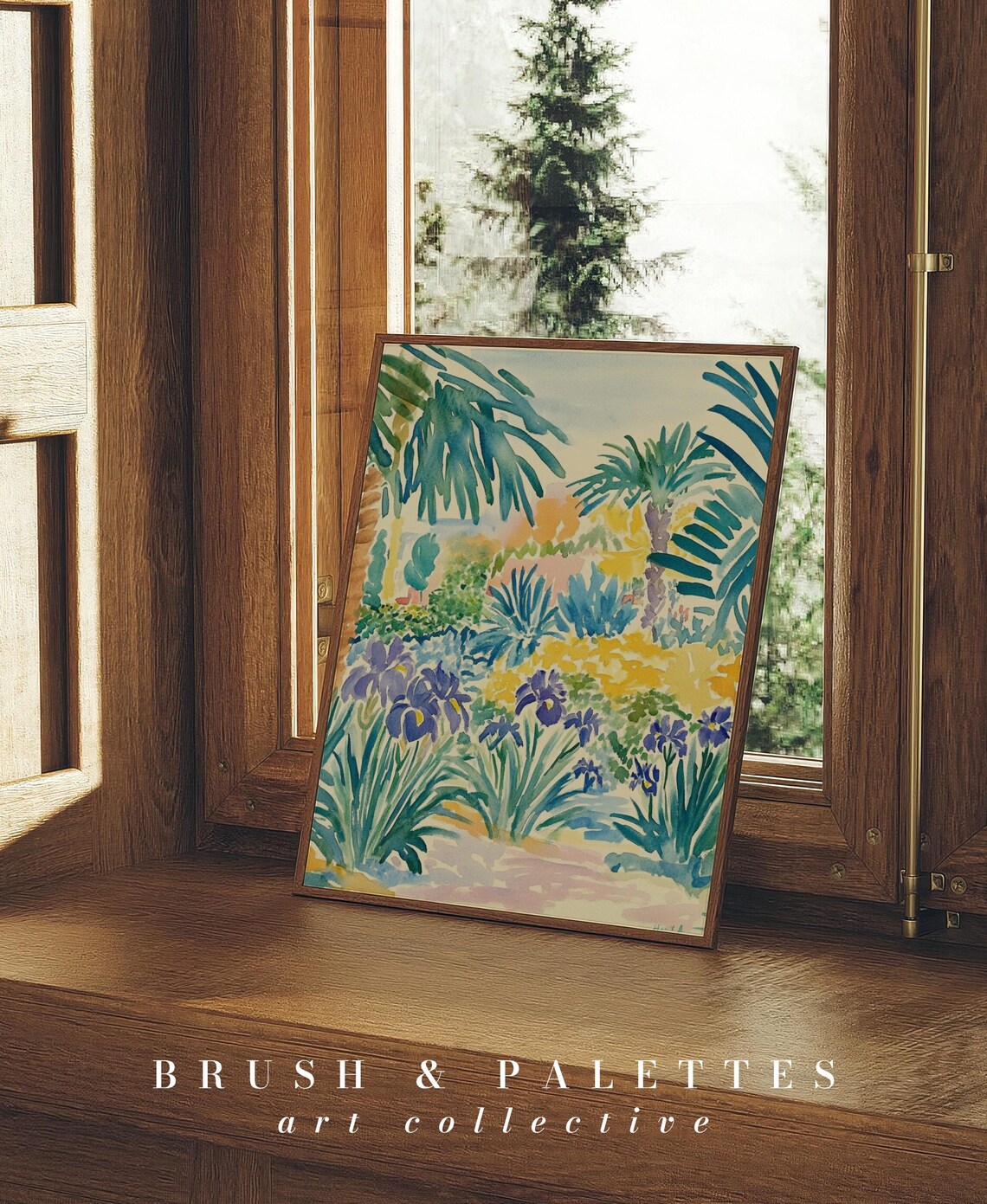 Tropical Watercolor Palm Tree Garden With Purple Iris Flowers Poster - Image 3