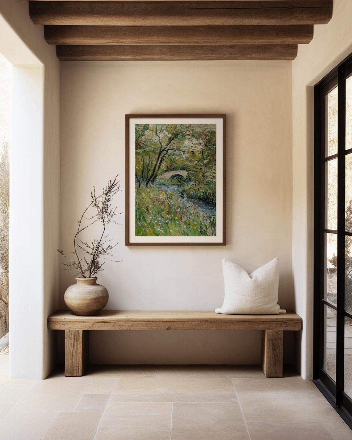 Impressionist Garden Stone Bridge Stream Wildflowers Painting Poster - Image 2
