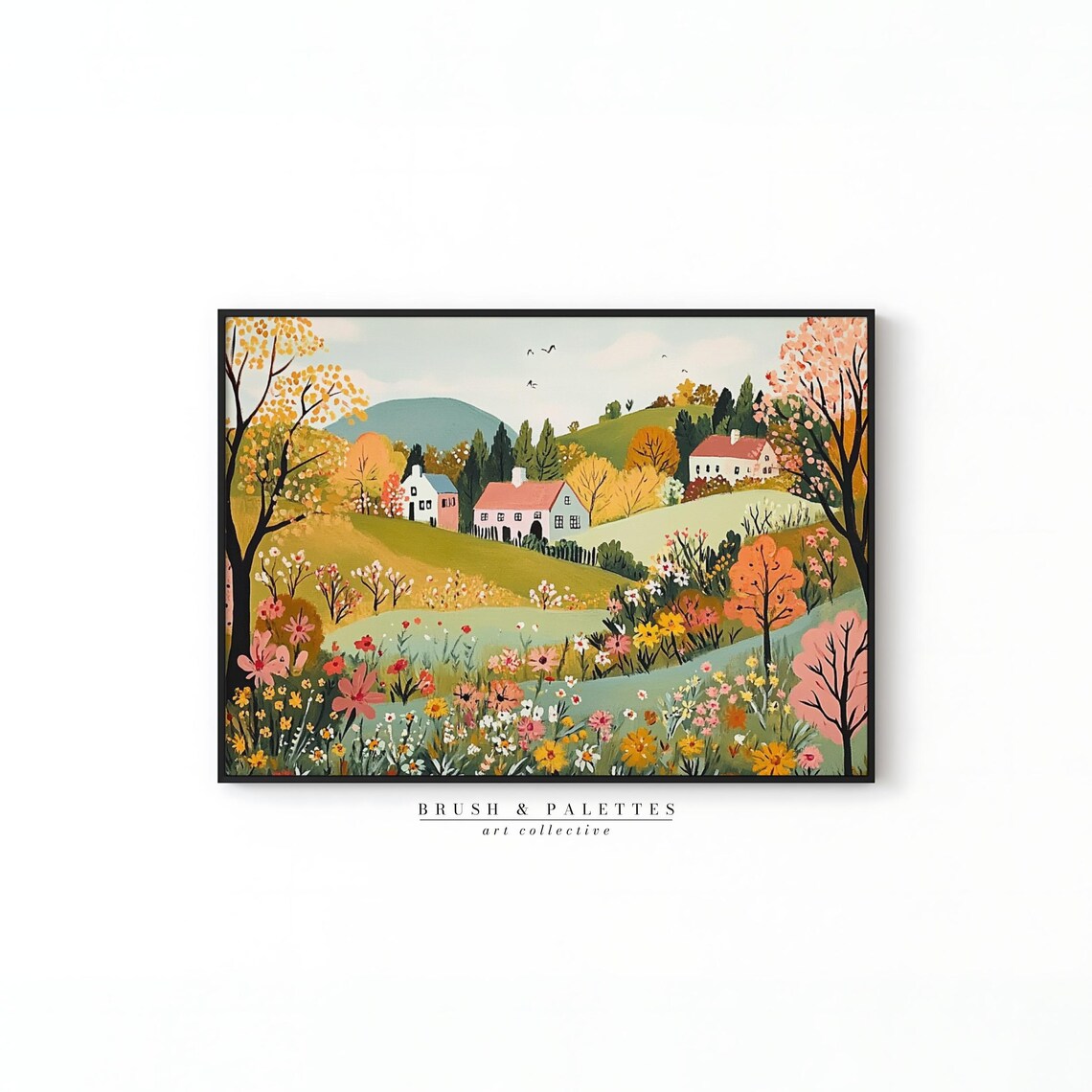 Colorful Countryside Village Houses Wildflower Hills Folk Print - Image 2