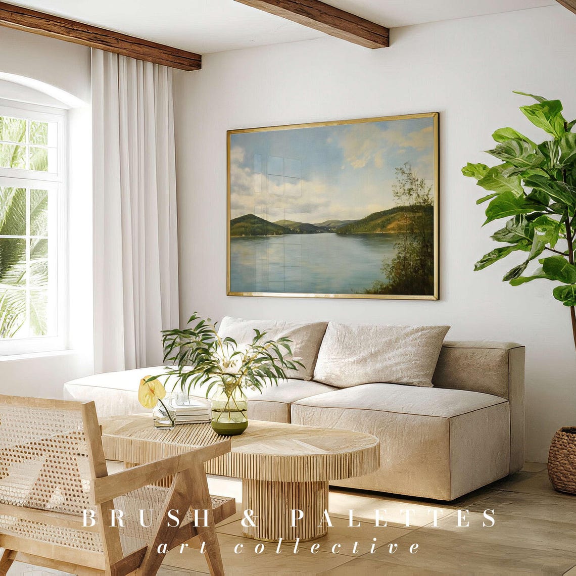 Serene Mountain Lake Calm Water Reflection Landscape Painting Poster - Image 2