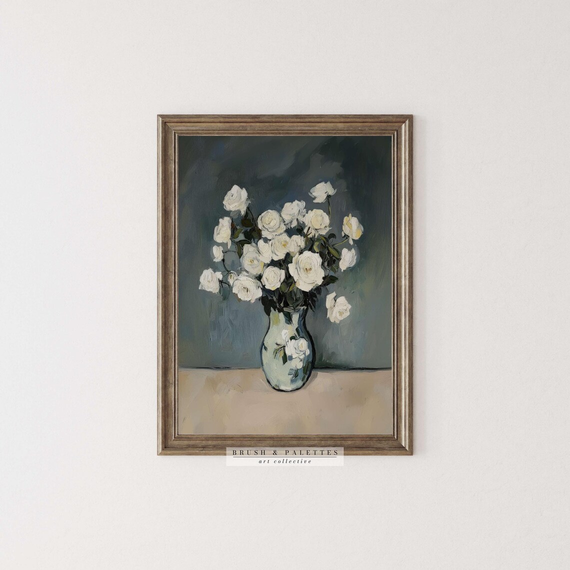 White Roses in Vase Oil Painting Classic Floral Still Life Poster - Image 3