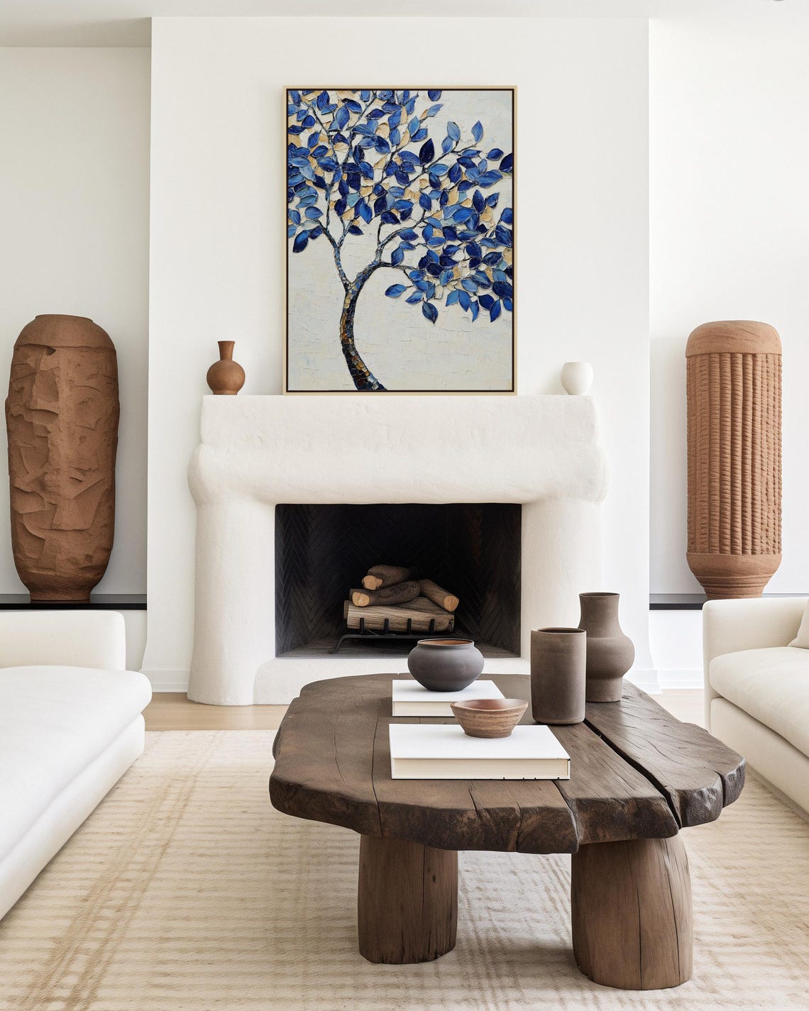 Blue And Beige Leaf Tree Mosaic Style Textured Painting Poster - Image 3